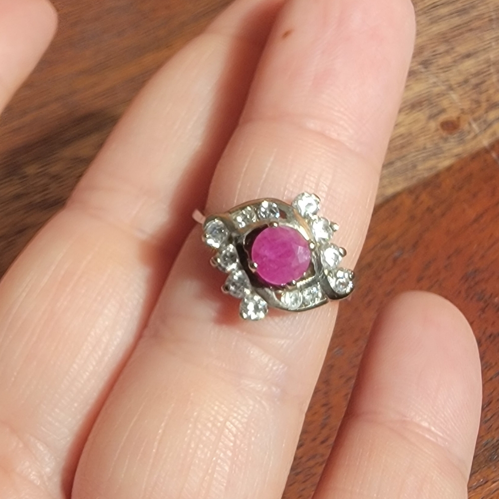 Vintage Raw Ruby And Cubic Zirconia Sterling Ring, Size 6
